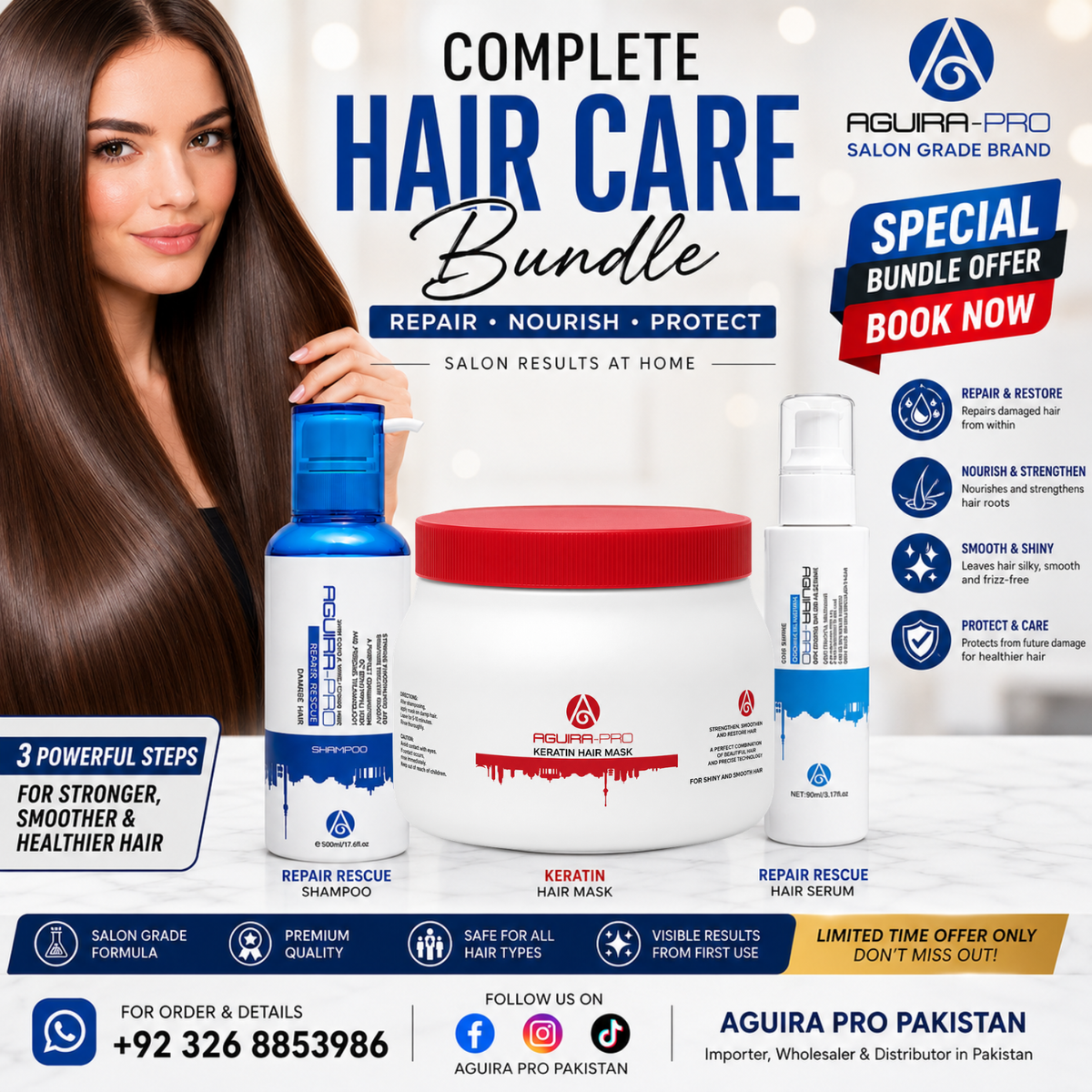 AGUIRA PRO Repair & Shine Hair Care Bundle – Shampoo, Keratin Hair Mask & Hair Serum