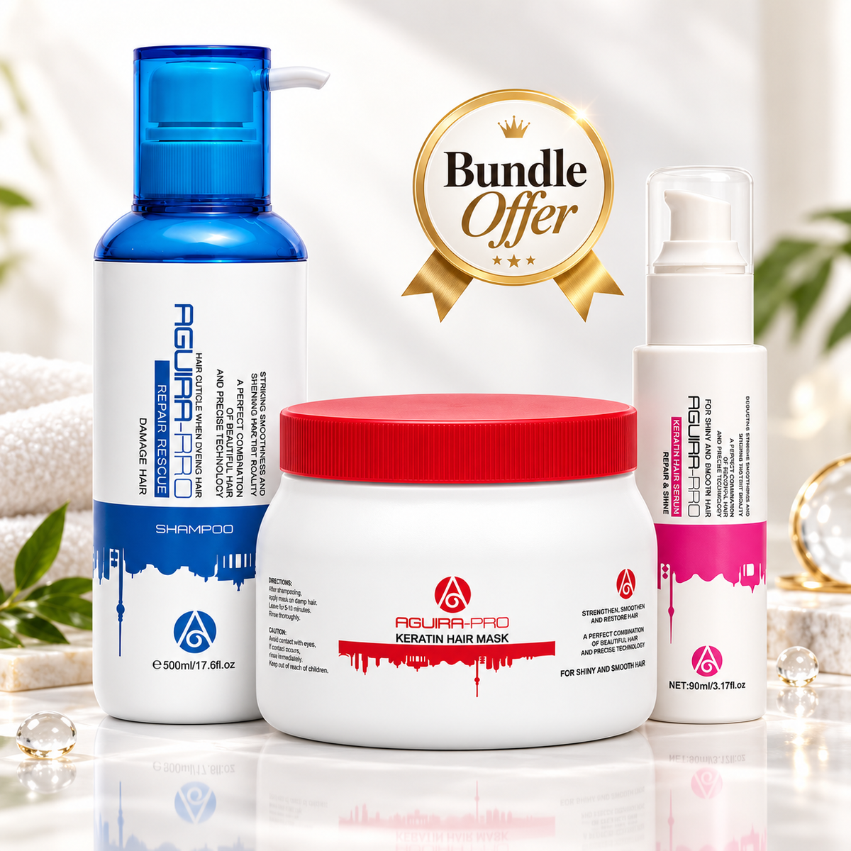 AGUIRA PRO Repair & Shine Hair Care Bundle – Shampoo, Keratin Hair Mask & Hair Serum